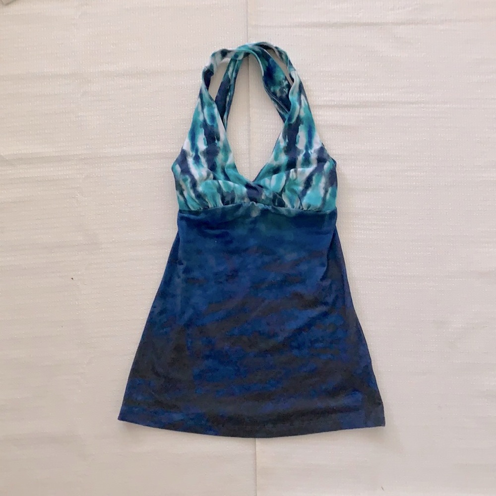 Blue tie-dye athletic tank top with cross back
